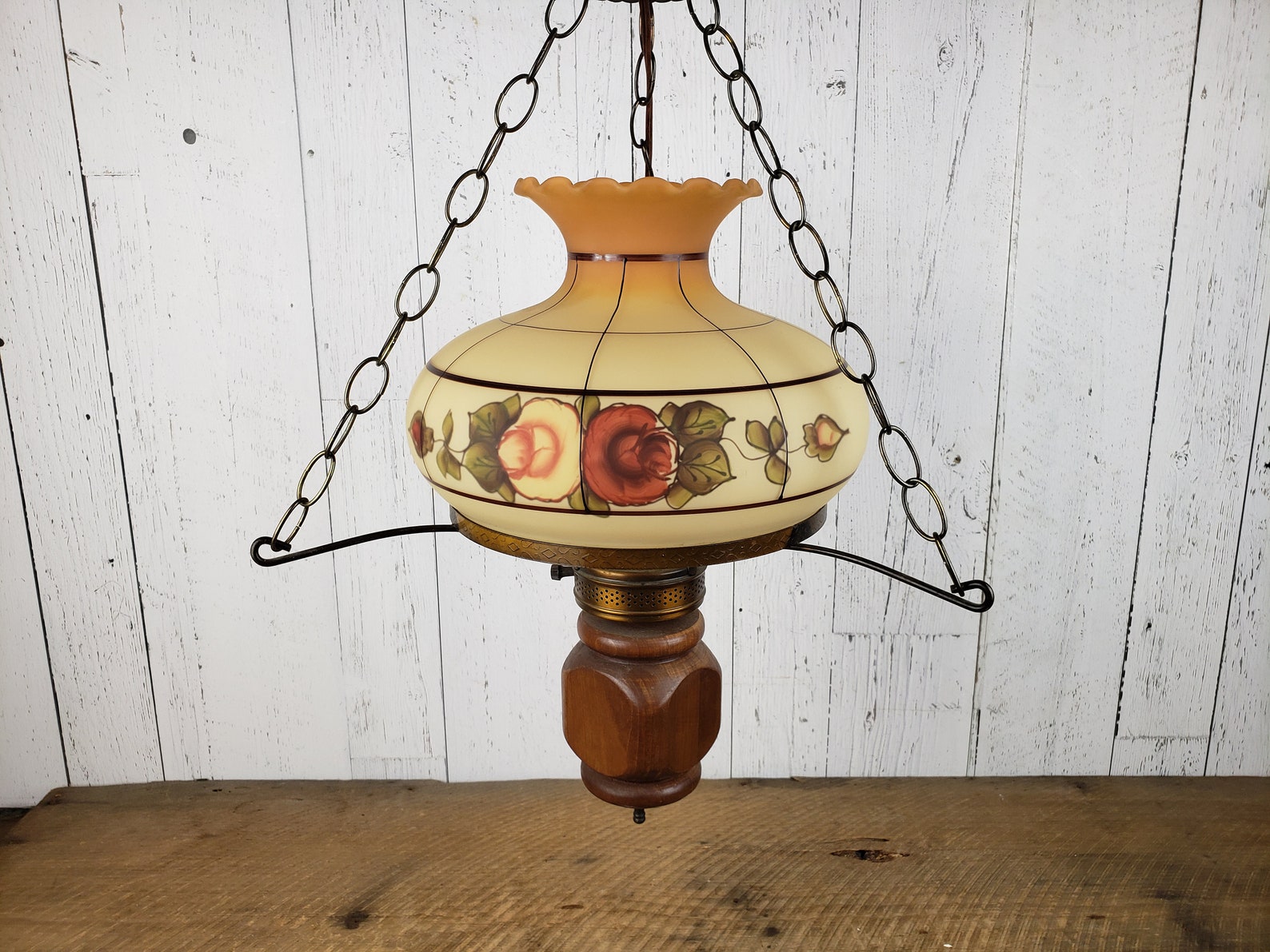 Vintage Hanging Hurricane Lamp Wood Metal & Floral Glass Etsy Canada