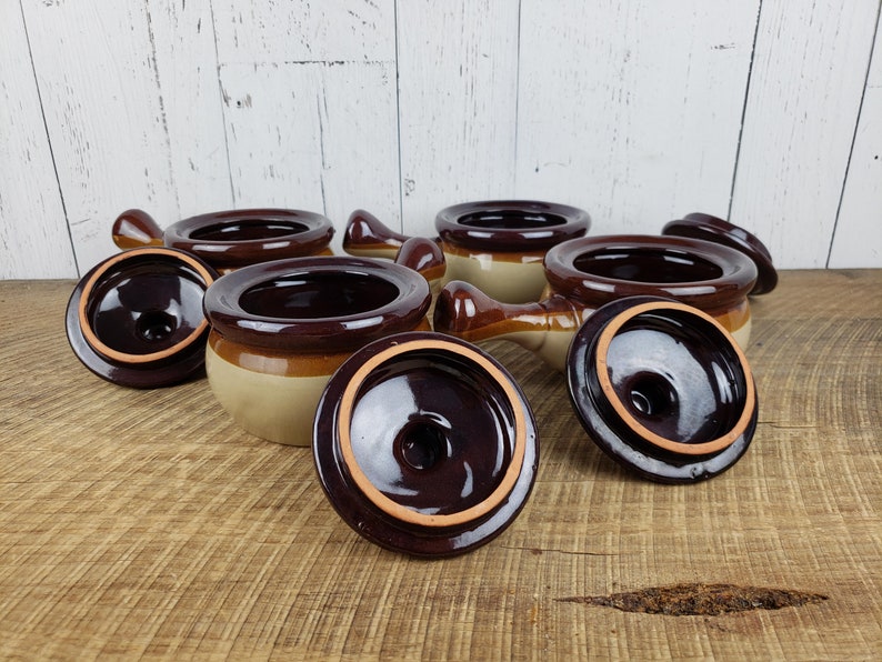 Vintage Set of 4 French Onion Soup Bowls w Lids Brown Stoneware Chef Mates Bohemian Ceramic Ovenproof Modern Mid Century Dishes Boho Chic