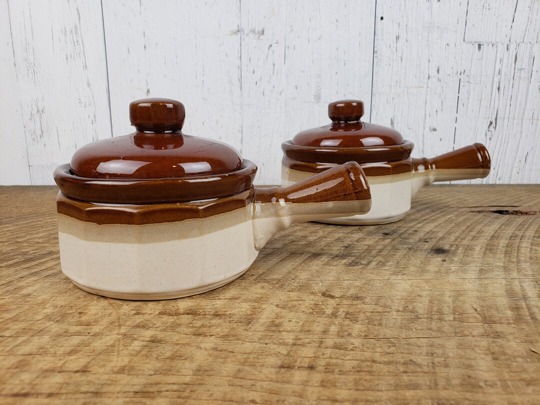 Vintage Set of 2 French Onion Soup Bowls W/ Lids Brown & Beige
