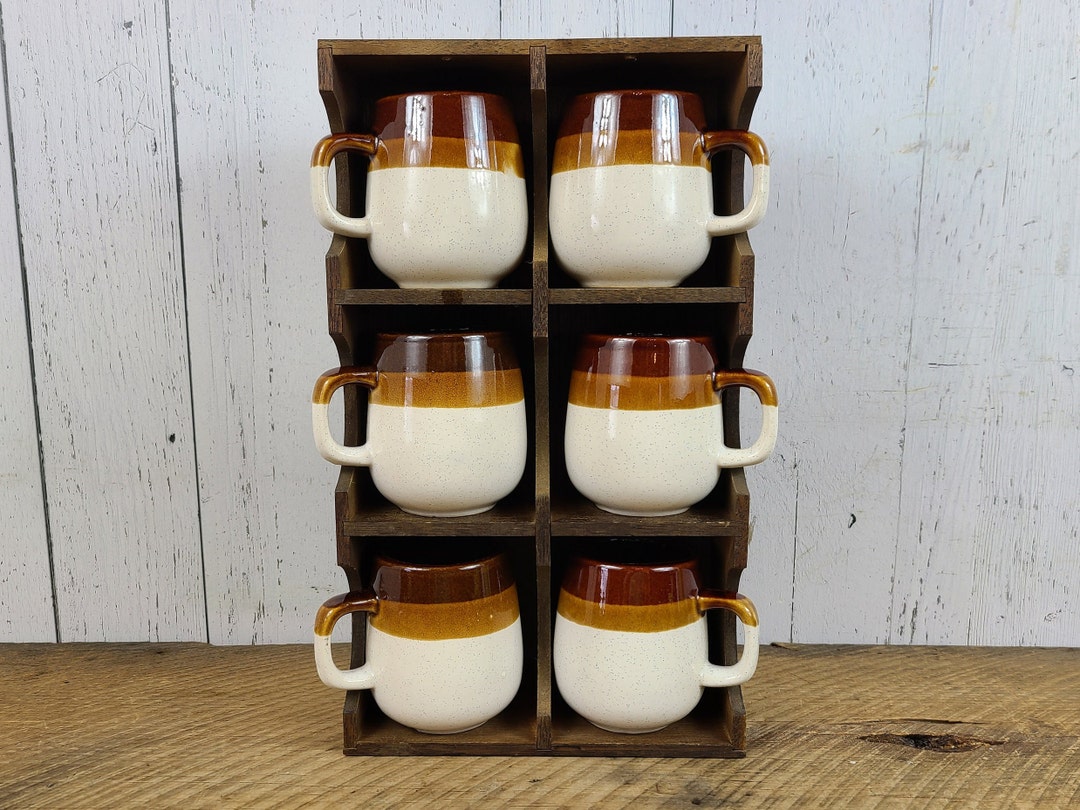 Vintage Wooden Coffee Mug Display Case W/ 6 Stoneware Mugs Etsy