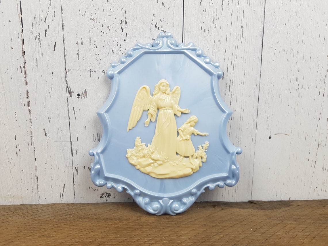 Vintage 50s Peaceful Angel & Young Girl Wall Hanging Pale Blue image 0