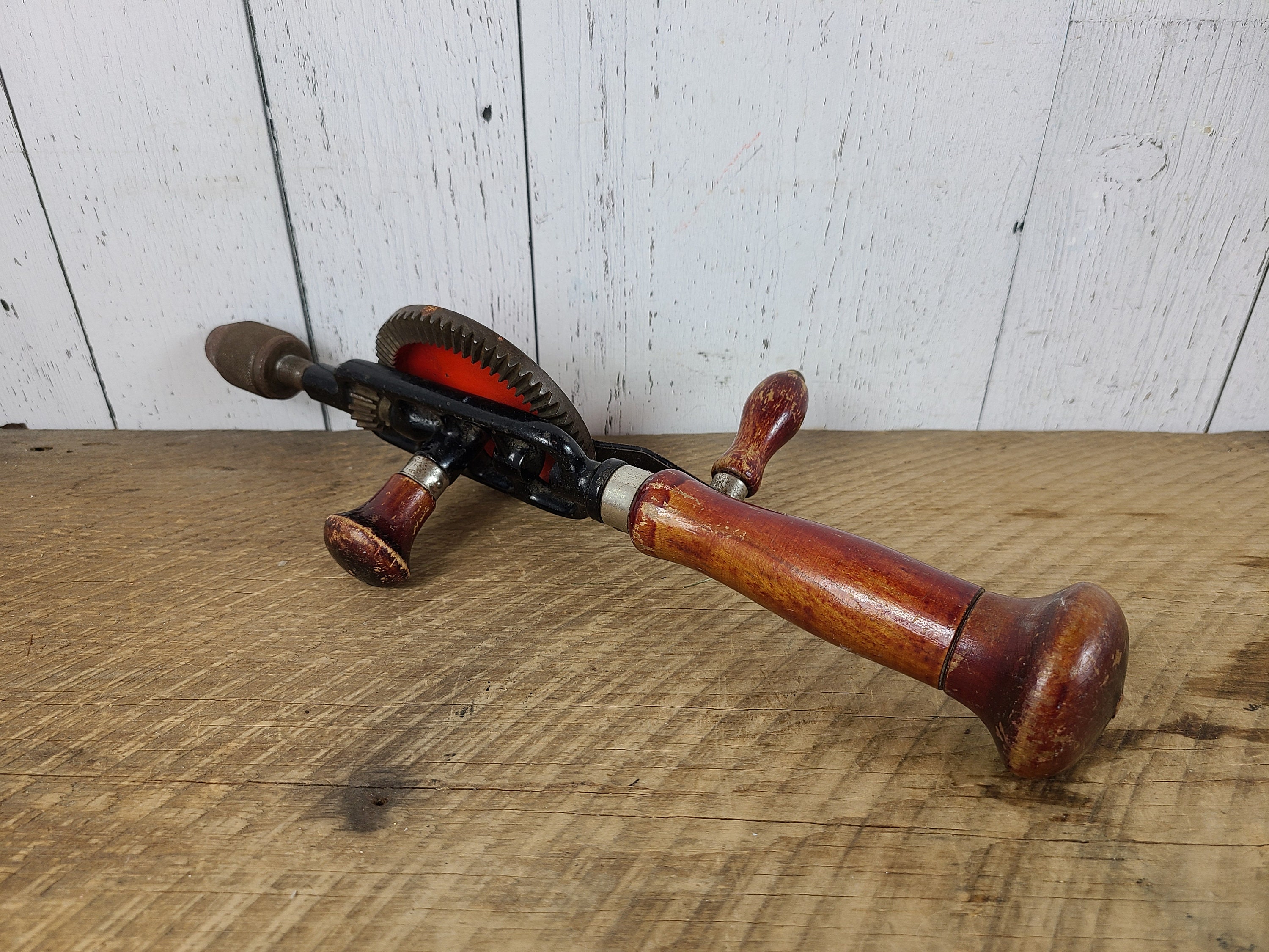 Vintage Hand Drill Metal W/ Wood Handle Orange & Red Rusted Etsy
