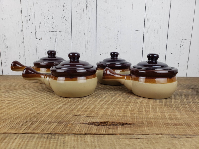 Vintage Set of 4 French Onion Soup Bowls w Lids Brown Stoneware Chef Mates Bohemian Ceramic Ovenproof Modern Mid Century Dishes Boho Chic