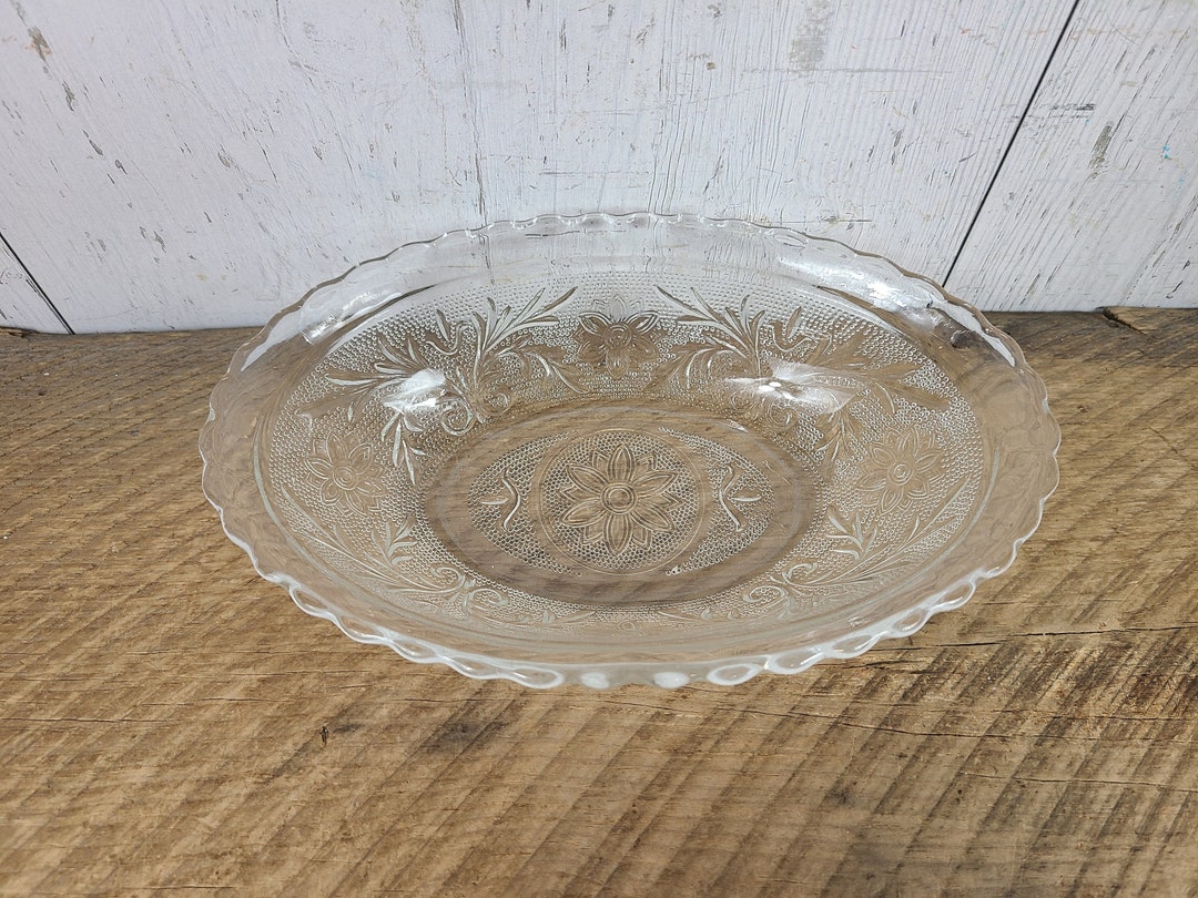 Vintage Pressed Glass Oval Serving Bowl Flowers & Leaves Etsy