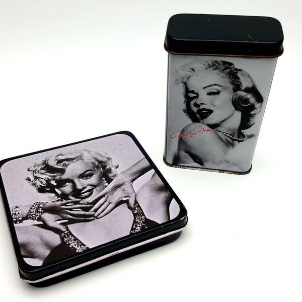 Two Small Marilyn Monroe Tin Boxes Norma Jean Retro Style Metal Jewelry Box Black and White Glamorous Hollywood Creation F. Nugeron Paris