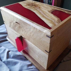 Jewelry Box, Keepsake Box, Treasure Box, Bright-Red, Epoxy, Wood, Handmade, Unique, Maple, Cherry, Walnut, Live-Edge