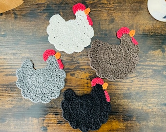 Crochet Chicken Coasters - Set of 4 - Chicken Cup Coasters - Chicken Coasters -Farm house