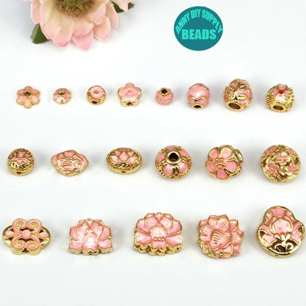 10 pcs 5mm 8mm 18K gold plated bead caps&spacer Beads,Pink Cloisonne Bead caps,Jewelry Making Supply,Spacer Beads