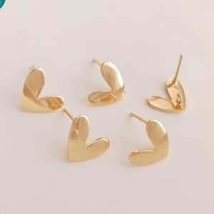 14K Real Gold Plated Brass Earring Stud With S925 Sterling Silver Needle,Heart Earring Stud with Loop Ring,Gold Earring Stud