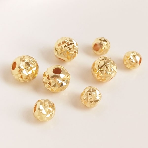 6mm/8mm 10/50/100PCS 14K plaqué or véritable perles taillées en diamant, perles entretoises Bracelet, perles rondes plaquées or 14K