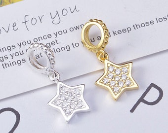 S925 Sterling Silver Star Charms,Tiny Charms,Bracelet Charm,Silver Star Charm Inlaid With Zircon