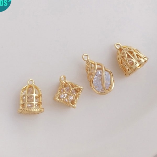 14K Gold Plated Bird Cage Charm,With CZ inside,Lotus Charm,Drop Pendant,Clover Pendant