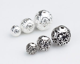 Perles de mantra en argent sterling S925, perles de boule d'argent, perles de mala, entretoise de perle, 6mm 8mm 10mm