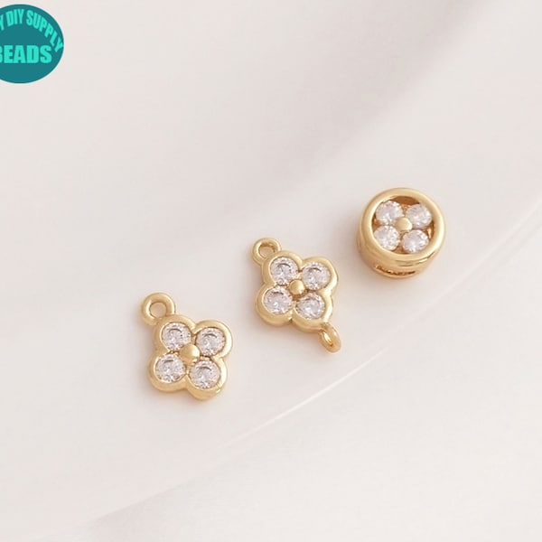 14K Real Gold Plated Clover Connector,Clover Charm,Clover Beads,CZ Charm,Tiny Clover connector