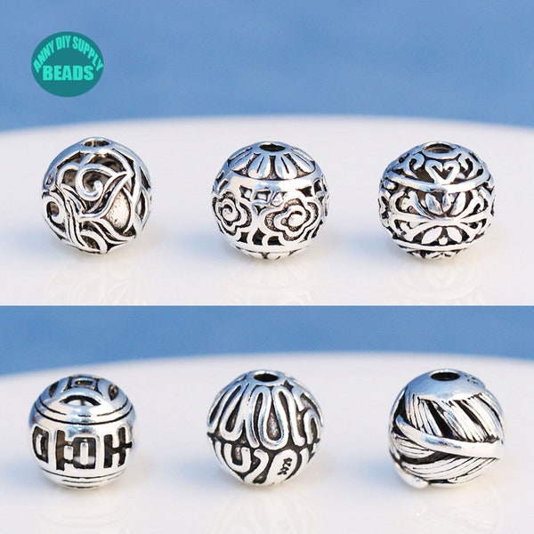 S925 Solid Sterling Silver Hollow Beads,Hollow Out Beads,Silver Round Beads,10mm