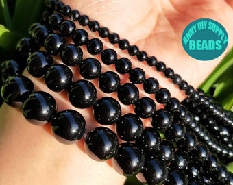 4 mm-16 mm véritables perles d'onyx noir naturel, perles d'onyx rondes lisses, perles de pierres précieuses, perles rondes noires