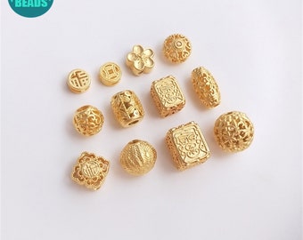 18K Real Matt Gold Plated brass Beads,Hollow Out beads,Flower Beads,Bring Back Luck Beads,Gold Flower Beads,Barrel Beads