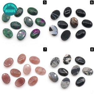 May include: Assortment of oval-shaped cabochon gemstones in various colors and patterns, including green, black, white, and pink. The stones are arranged in groups of 8, with each group labeled with a number from 5 to 8.