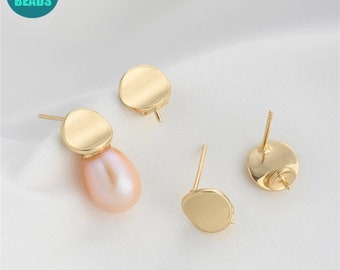 14k Gold Plated Brass Earring Stud,Smooth Curved Surface Round Earring post With S925 Sterling Silver Needle,Flower Earring Post with Bails