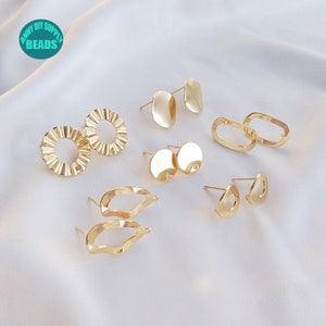 14K Real Gold Plated Brass Earring Stud,Earring Stud With Sterling Silver Needle,Gold earring Stud with Ring,earring making supply
