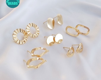 14K Real Gold Plated Brass Earring Stud,Earring Stud With Sterling Silver Needle,Gold earring Stud with Ring,earring making supply