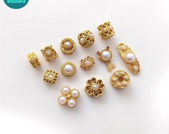 18K Real Matt Gold Plated brass Beads,Hollow Out beads,Flower Beads,Plastic Pearl Beads,Clover beads,Focal Beads