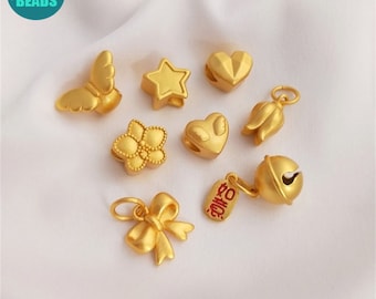 18k Matt Gold Plated Heart Beads,Big Hole Beads,Bow Charm,Flower Charm,Bell Charm,Gold Star Beads,Bracelet Charm,Spacer Beads