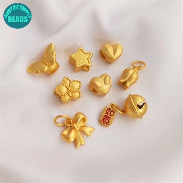 18k Matt Gold Plated Heart Beads,Big Hole Beads,Bow Charm,Flower Charm,Bell Charm,Gold Star Beads,Bracelet Charm,Spacer Beads