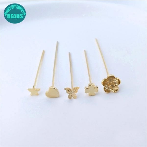14K Gold Plated brass Star Head Pins,Heart Head Pins,Flower Head Pins,Jewelry Pins