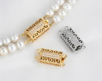 14K Gold Plated Multi Strand Necklace Clasp: CZ Paved Datangler Box Clasp