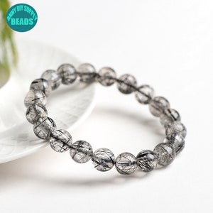 Cuentas de piedras preciosas de cuarzo rutilado negro natural genuino de grado 6A, pulsera de piedras preciosas