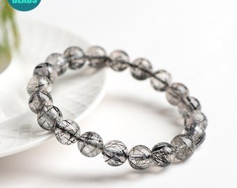 6A Grade Genuine Natural Black Rutilated Quartz Gemstone Beads,Gemstone Bracelet