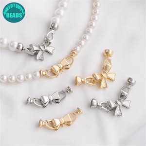 Cierre de lazo de latón chapado en oro de 14 k, cierre de joyería de perla, cierre bonito con tapas, conector de collar, cierre de conector de pulsera