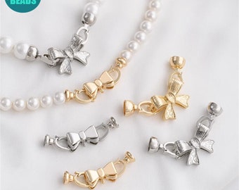 14k Gold Plated Brass Bow Clasp,Pearl Jewelry Clasp,Cute Clasp with Caps,Necklace connector,bracelet Connector Clasp