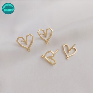 14K Real Gold Plated Brass Earring Stud With S925 Sterling Silver Needle,Heart Frame Earring Stud with Loop Ring,Gold Earring Stud