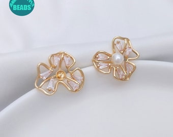 14K Real Gold Plated Brass Earring Stud With S925 Sterling Silver Needle,Clover Earring Stud with support