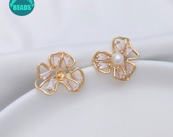 14K Real Gold Plated Brass Earring Stud With S925 Sterling Silver Needle,Clover Earring Stud with support,earring making supply