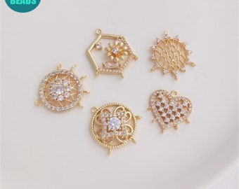 Conector para colgante de pendiente chapado en oro de 14k, conector para colgante de pendiente de 3/5 bucles, dije para pendiente, conector de corazón, suministros para pendientes
