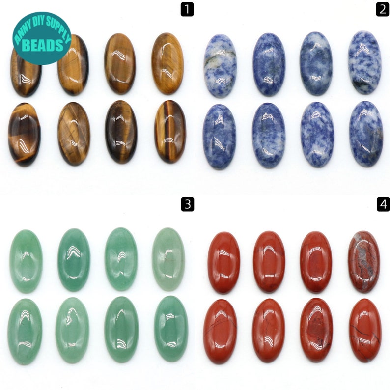 Pu&ograve; includere: Otto pietre di occhio di tigre ovali, otto pietre di sodalite blu ovali, otto pietre di aventurina verde ovali e otto pietre di diaspro rosso ovali.