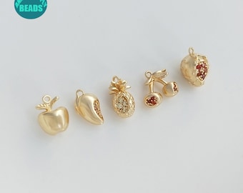 1/2/5/10PCS 14K Real Gold Plated Fruit Pendant,CZ Pendant,Apple Pendant,Earring Pendant