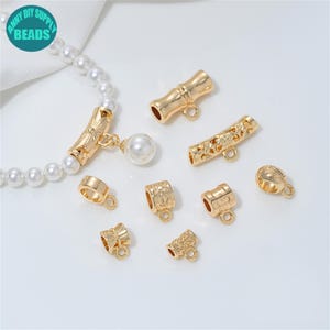 Ganchos tubulares com furo grande banhados a ouro 14k, contas tubulares de bambu, suporte para pingentes