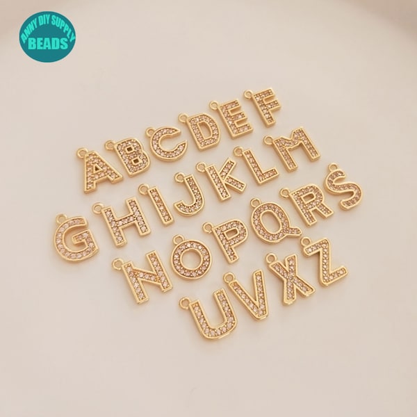 1PC 14K Light Gold Plated Brass 26 Alphabet Letter Charms,CZ paved letter pendant charm