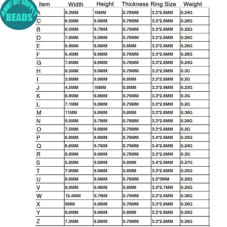 May include: A chart showing the dimensions and weight of different sizes of beads. The chart includes the width, height, thickness, ring size, and weight of each bead size. The bead sizes are labeled with letters from A to Z.