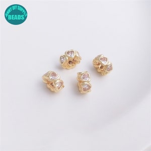 14k Gold Plated Heart Rondelle beads,CZ heart Beads,Bracelet Spacer Beads,Gold Plated Spacer Beads,8x4mm
