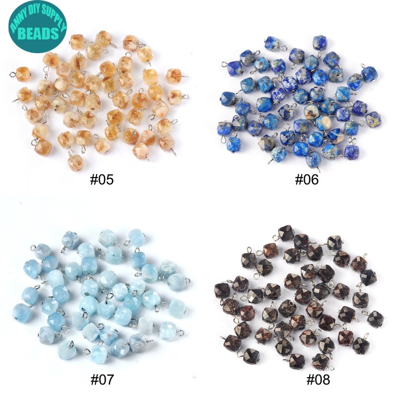 May include: Assortment of 30 gemstone beads with silver jump rings. The beads are faceted and come in four colors: yellow, blue, light blue, and brown. The beads are labeled #05, #06, #07, and #08.