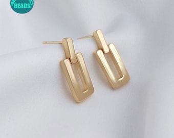 14K Real Gold Plated Brass Earring Stud,Rectangle Dangling Earring Stud with sterling silver needle,earring making supply