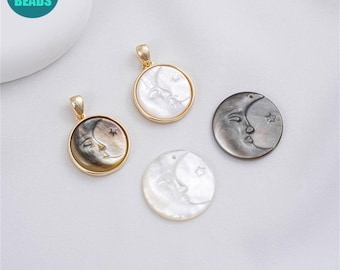 14k Gold Plated Brass Inlaid Shell Moon Face Charm Pendant: Star Jewelry