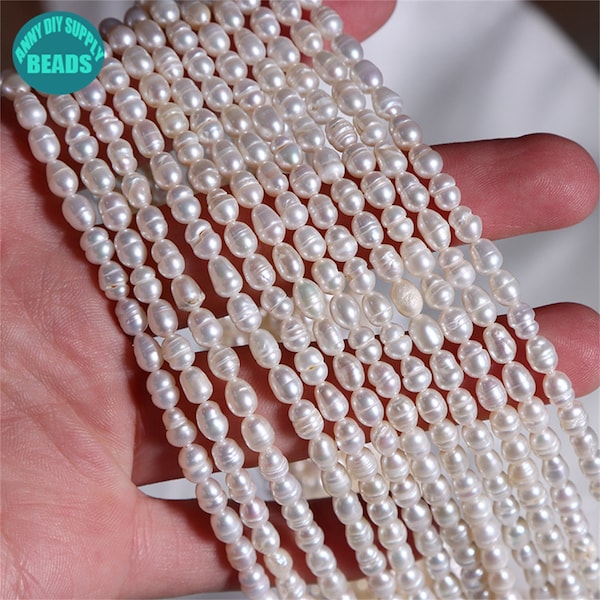 Cuentas de perlas de agua dulce de 4 mm, cuentas de perlas de arroz de tamaño pequeño, cuentas de perlas de arroz circulares, hebra completa de 32 cm