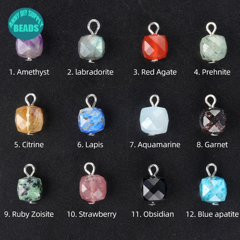May include: Twelve different gemstone beads with silver jump rings. The beads are in a grid pattern and are labeled with their names: Amethyst, Labradorite, Red Agate, Prehnite, Citrine, Lapis, Aquamarine, Garnet, Ruby Zoisite, Strawberry, Obsidian, and Blue apatite.
