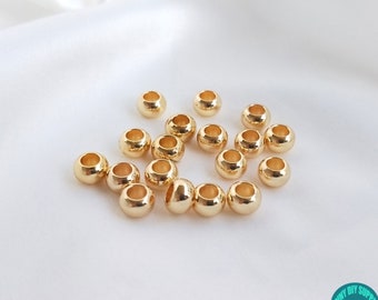 Cuentas de latón chapadas en oro de 14 quilates, 6 x 4 mm, 10/50/100 unidades, con orificios grandes, cuentas redondas doradas, cuentas espaciadoras doradas, tamaño del orificio: 3,1 mm.